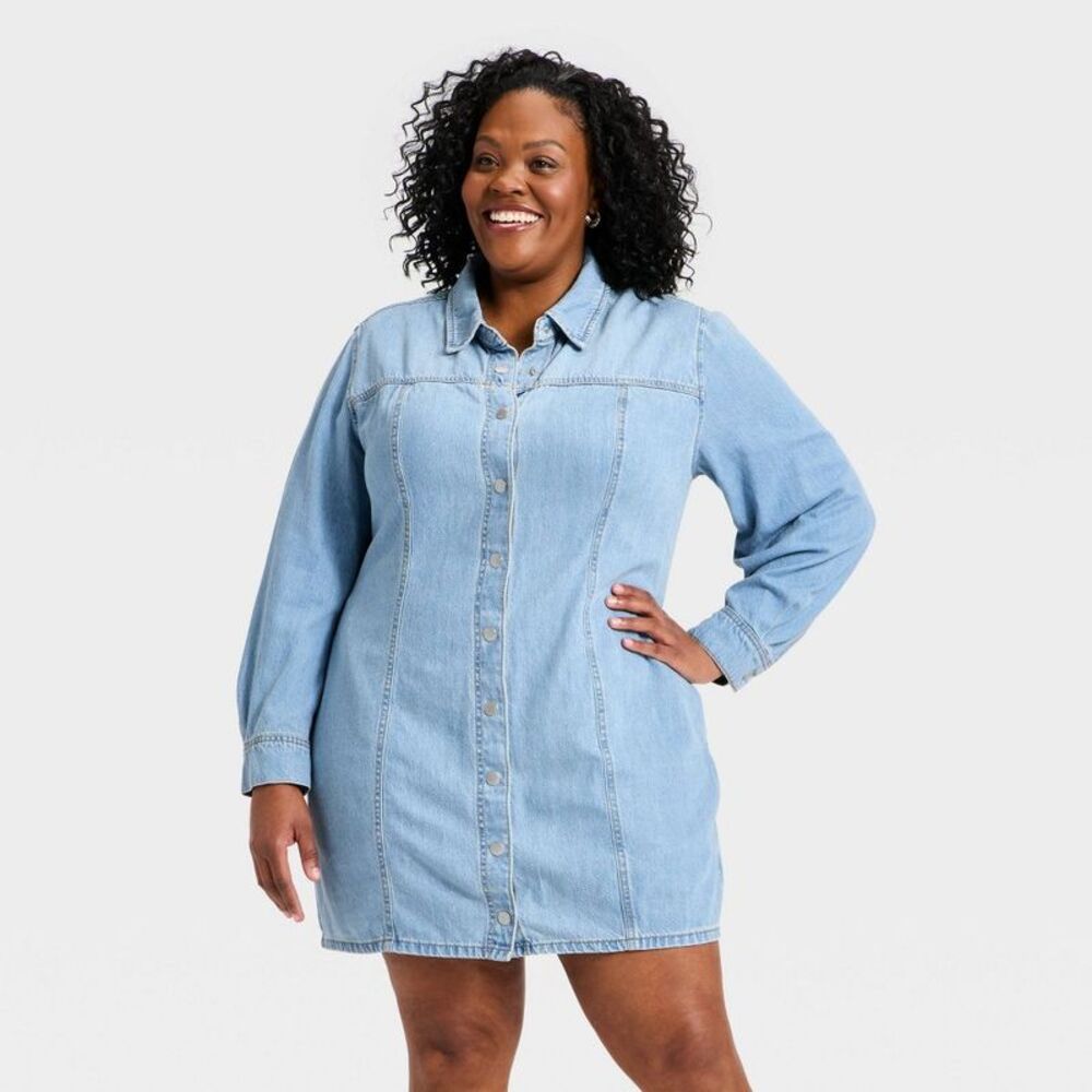 Universal Thread - Women's Long Sleeve Mini Denim Shirtdress - Univer Light Wash